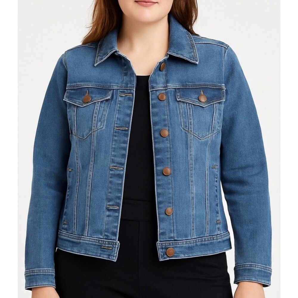 One Five one Jean Jacket Womens 1X Long Sleeve Distressed Button Up Blue Denim